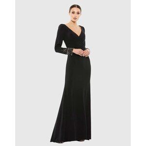 NWT Mac Duggal Size 18 Black 55712 Beaded Cuff Long Sleeve Wrap Trumpet Gown